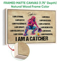 Natural wood framed softball wall art featuring a colorful catcher and inspirational typography