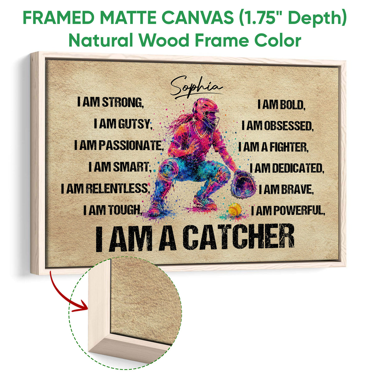Natural wood framed softball wall art featuring a colorful catcher and inspirational typography