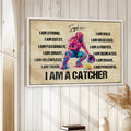 Softball catcher wall art displayed in a bright room with white wood walls and natural decor