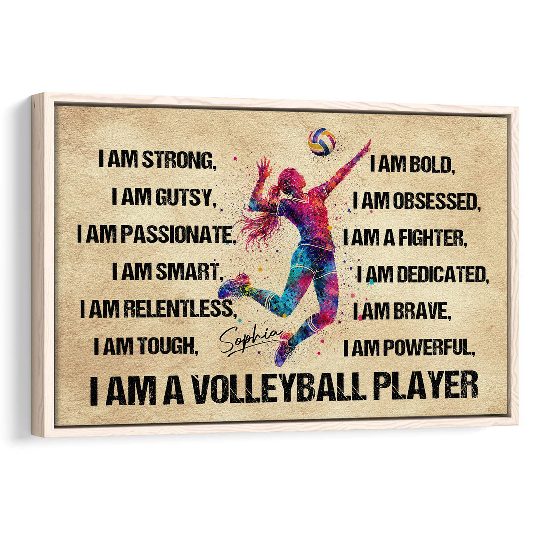 Framed volleyball wall art with a colorful jumping player, volleyball, and bold motivational lettering