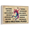 Framed volleyball wall art with a colorful jumping player, volleyball, and bold motivational lettering