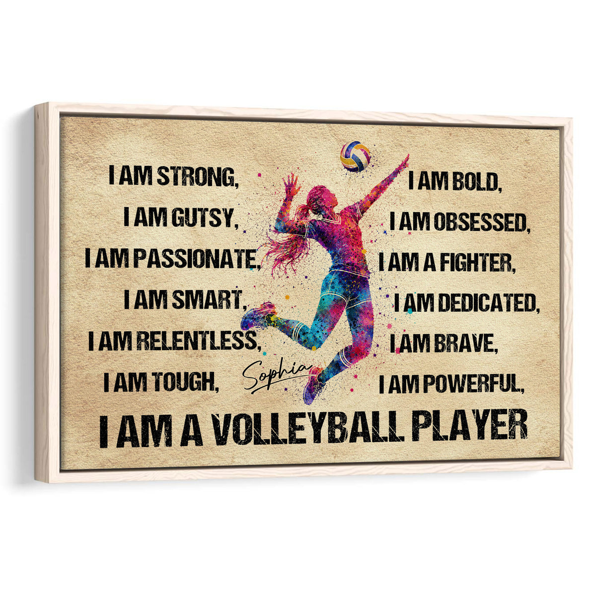Framed volleyball wall art with a colorful jumping player, volleyball, and bold motivational lettering