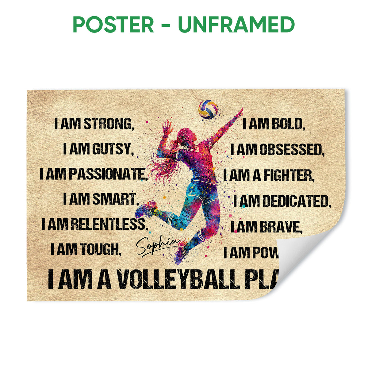 Unframed volleyball poster featuring a colorful jumping player, volleyball, and motivational sports artwork