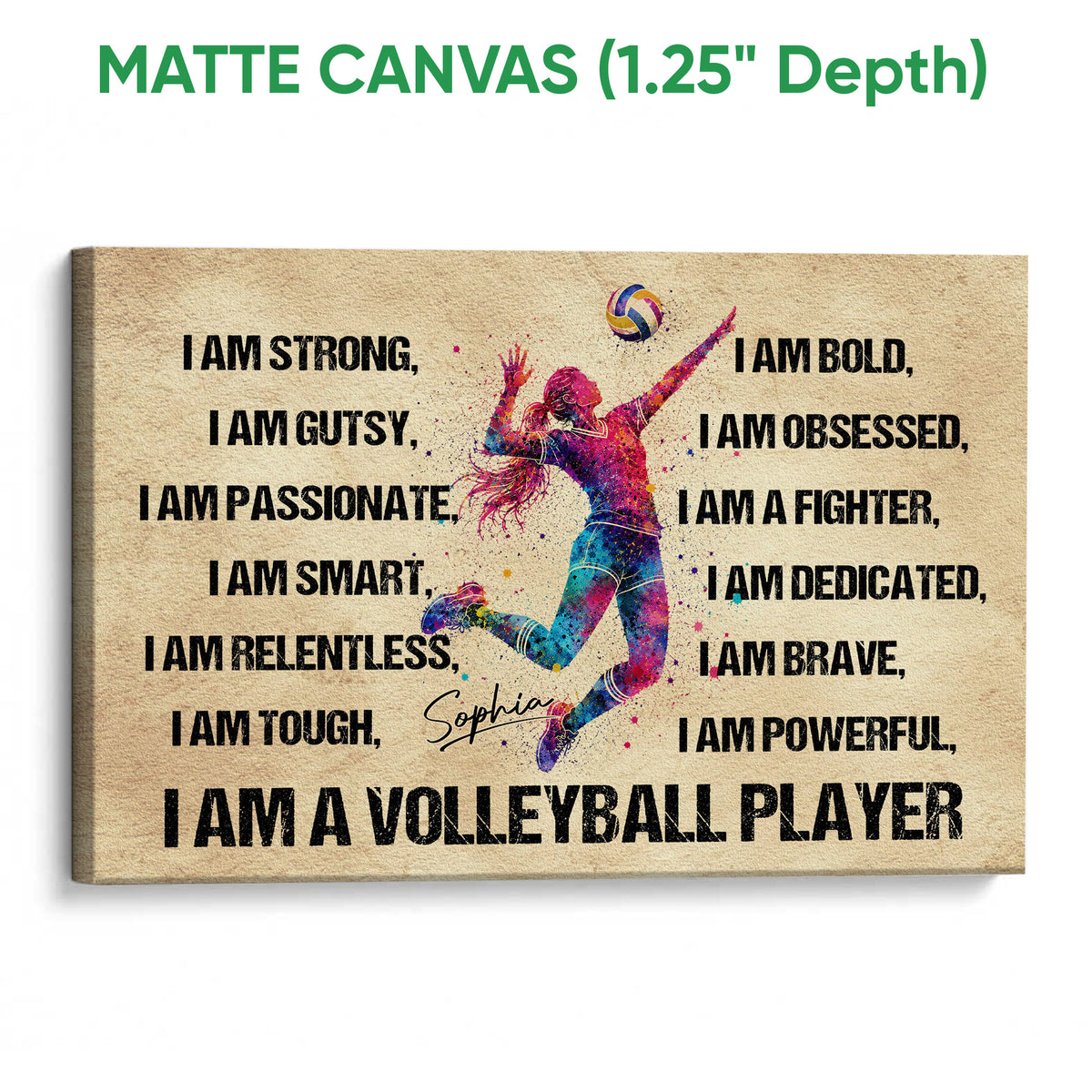 Matte canvas volleyball wall art with a colorful action figure, volleyball, and bold inspirational lettering