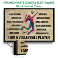 Framed volleyball canvas wall art shown with a black frame and close-up of the framed edge