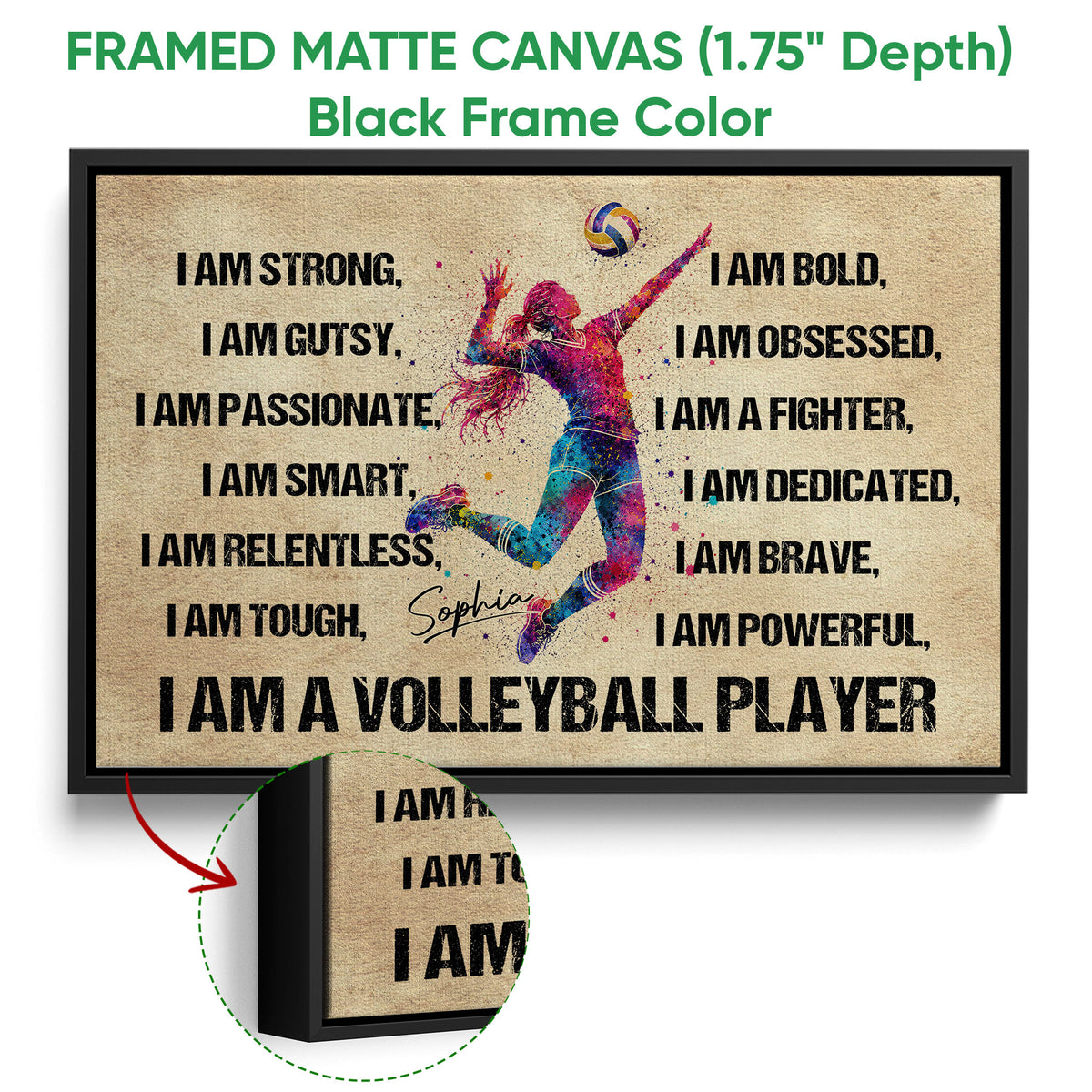 Framed volleyball canvas wall art shown with a black frame and close-up of the framed edge