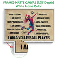 Framed volleyball canvas wall art shown with a white frame and close-up of the framed edge