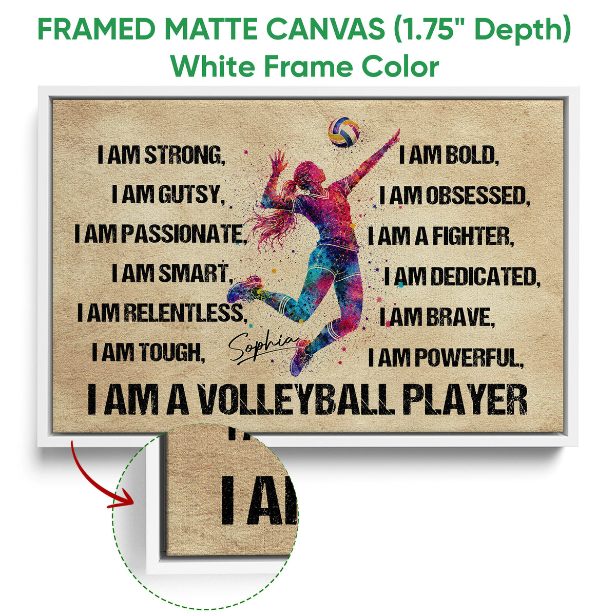 Framed volleyball canvas wall art shown with a white frame and close-up of the framed edge