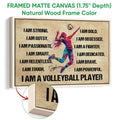 Framed volleyball canvas wall art shown with a natural wood frame and close-up of the wood edge
