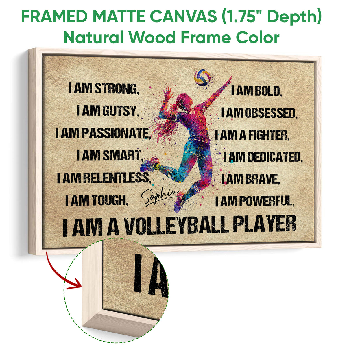 Framed volleyball canvas wall art shown with a natural wood frame and close-up of the wood edge