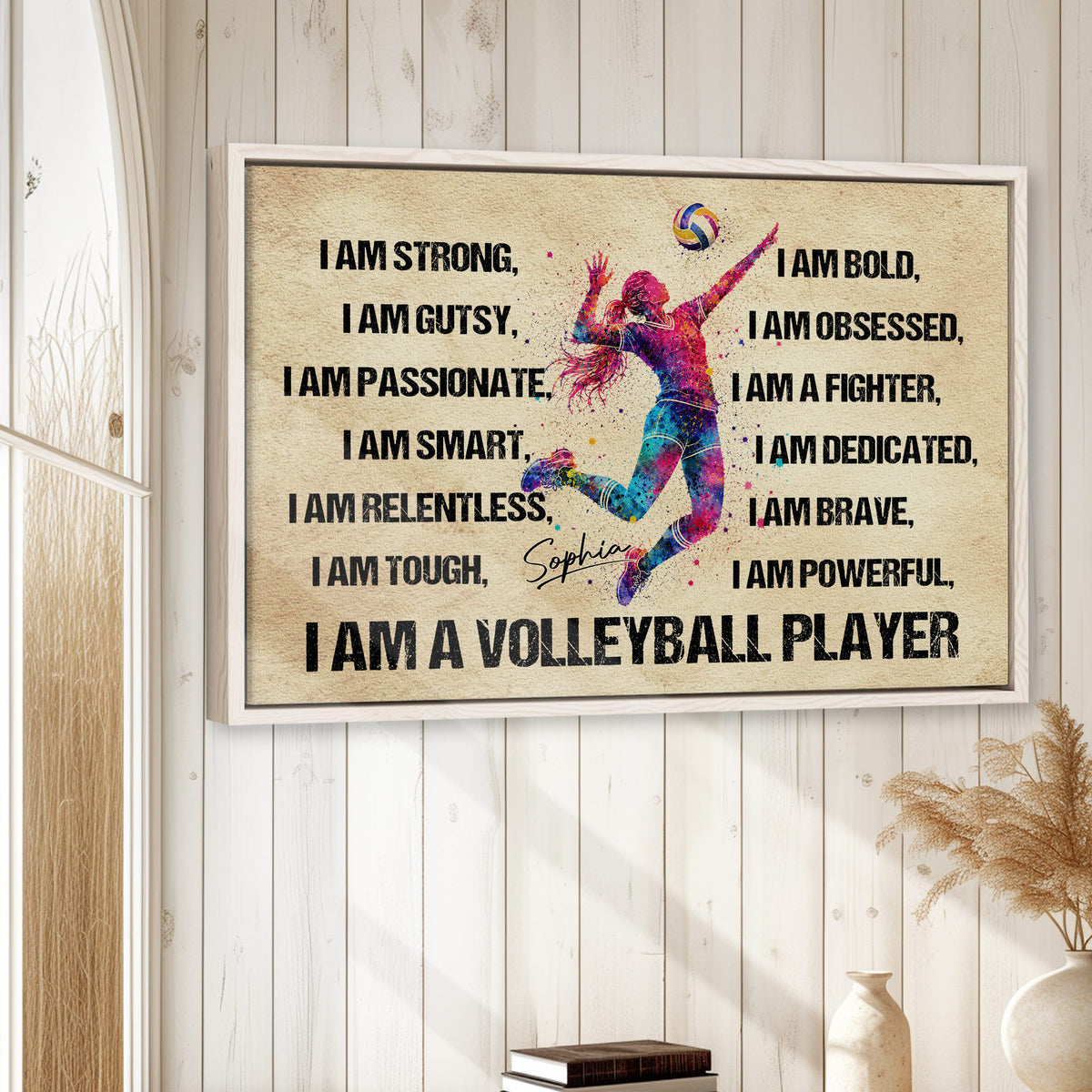 Framed volleyball wall art displayed on a light wood-paneled wall in a bright home interior