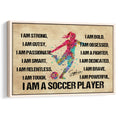 Framed soccer wall art with a colorful female player kicking a ball beside motivational affirmations