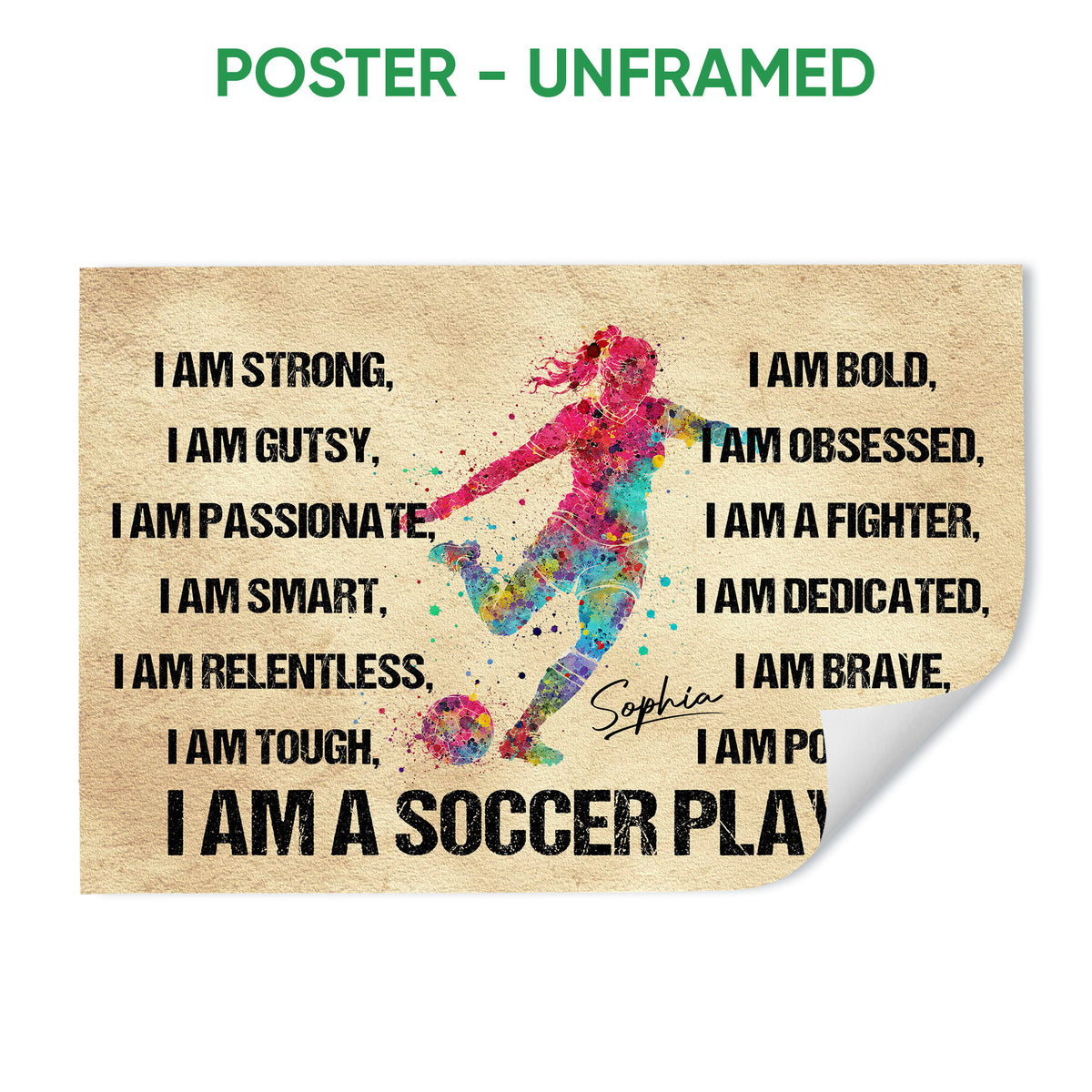 Unframed soccer poster featuring a colorful player kicking a ball with motivational affirmation text