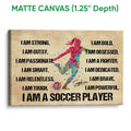 Matte canvas soccer wall art showing a colorful kicking player and bold motivational affirmations