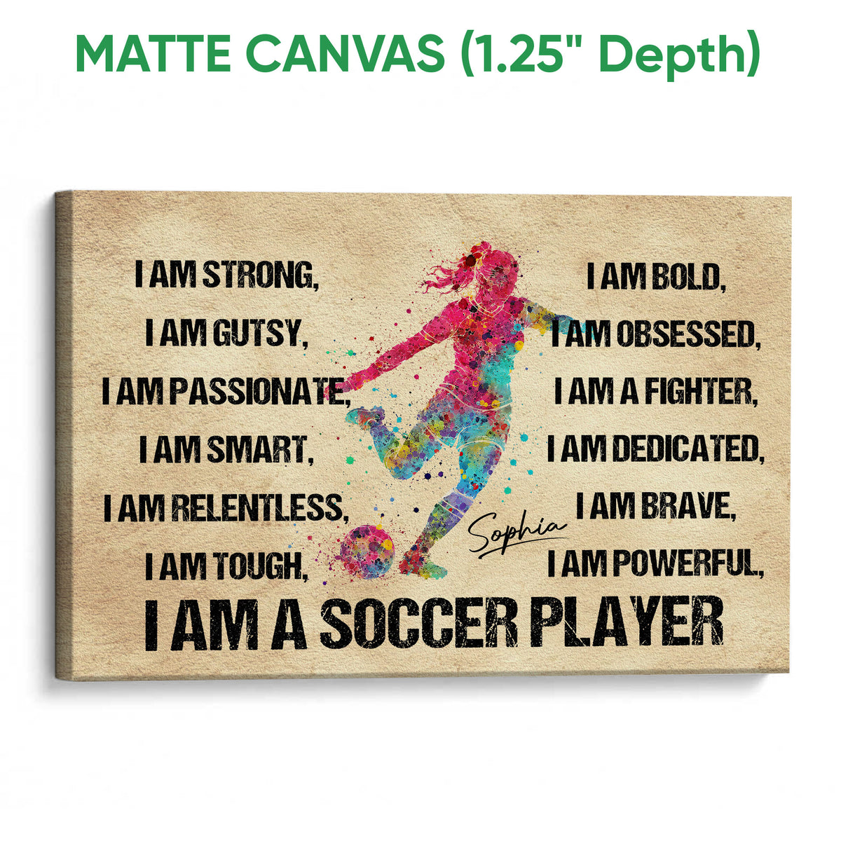 Matte canvas soccer wall art showing a colorful kicking player and bold motivational affirmations