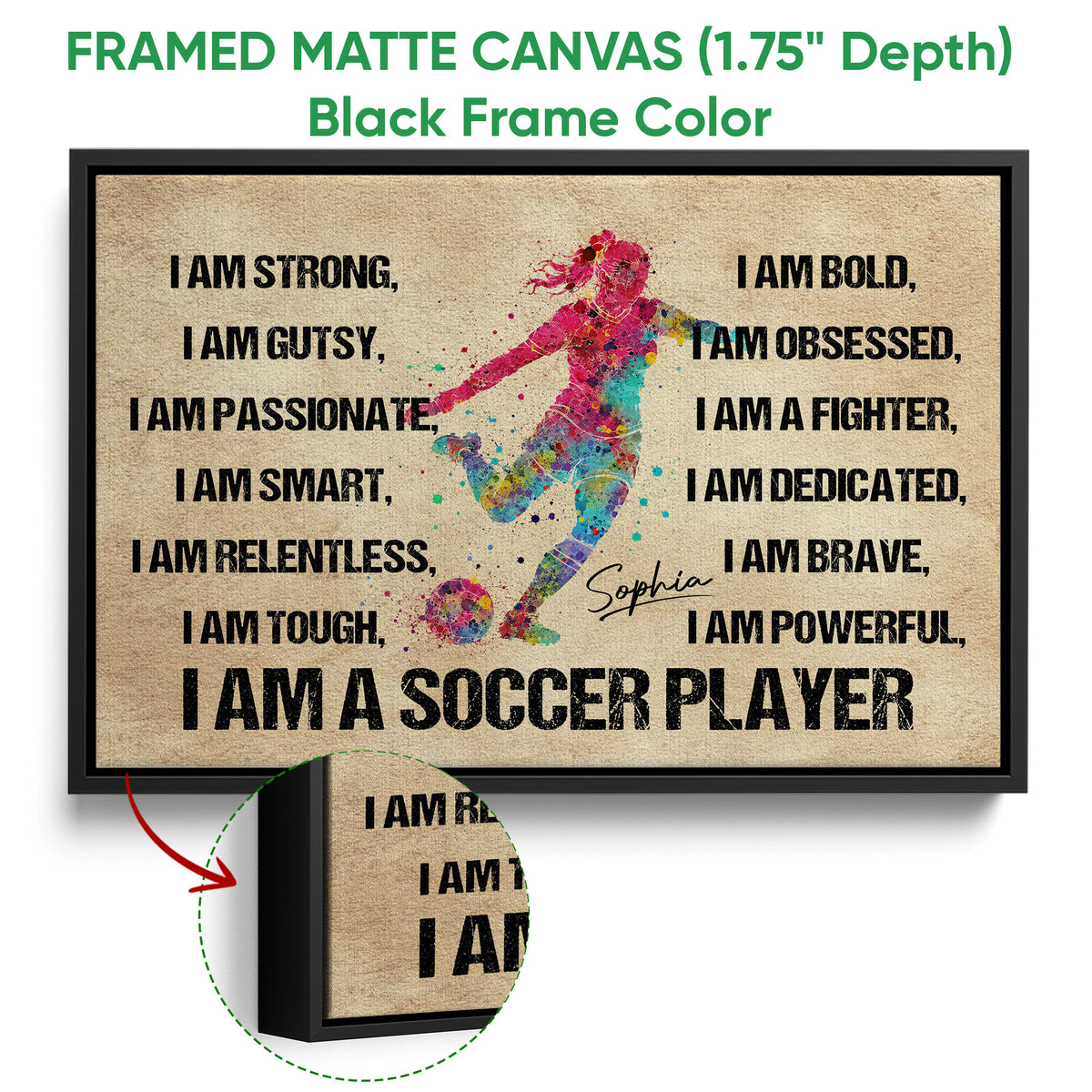 Black framed soccer canvas wall art with colorful action artwork and motivational affirmations