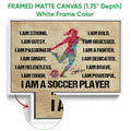 White framed soccer canvas wall art featuring a colorful player and bold motivational message