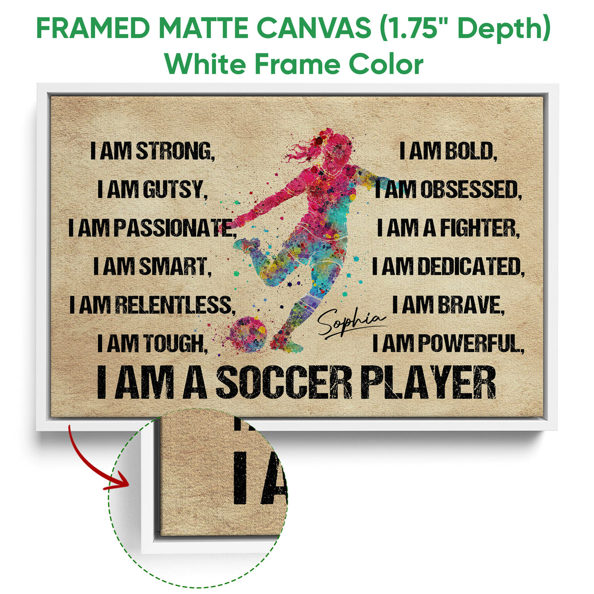 White framed soccer canvas wall art featuring a colorful player and bold motivational message
