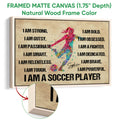 Natural wood framed soccer wall art with colorful player artwork and motivational affirmations