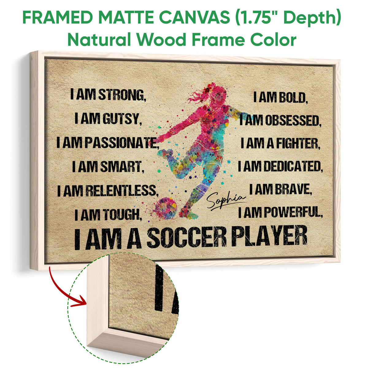 Natural wood framed soccer wall art with colorful player artwork and motivational affirmations