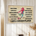 Framed soccer wall art displayed on a light wood paneled wall in a bright home setting