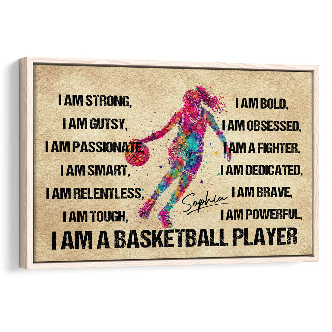Framed basketball wall art with a colorful female player, motivational affirmations, and a bold sports design
