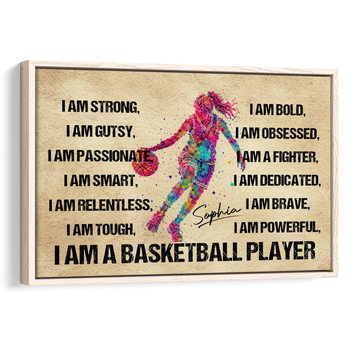 Framed basketball wall art with a colorful female player, motivational affirmations, and a bold sports design