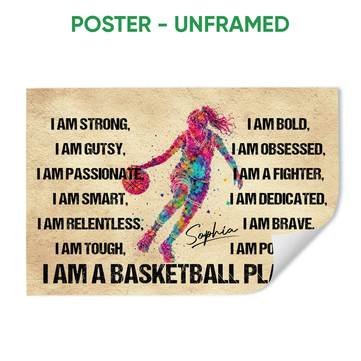 Unframed basketball poster featuring a colorful female player, basketball, and motivational sports artwork