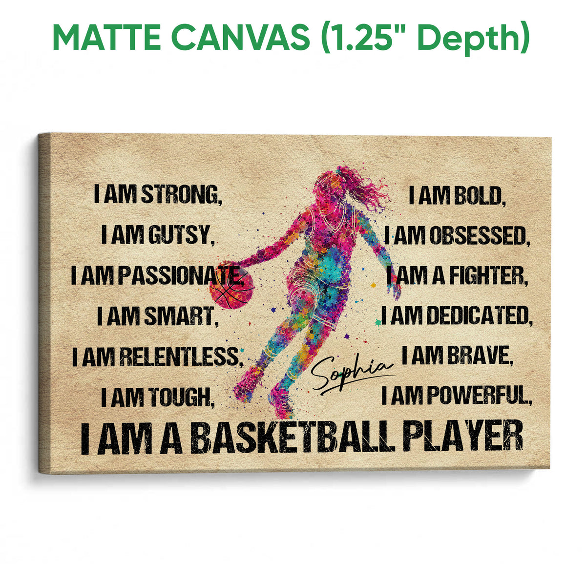 Matte canvas basketball wall art with a vibrant player illustration and motivational affirmation design