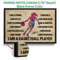 Black framed basketball canvas featuring a colorful female player and bold motivational wall art