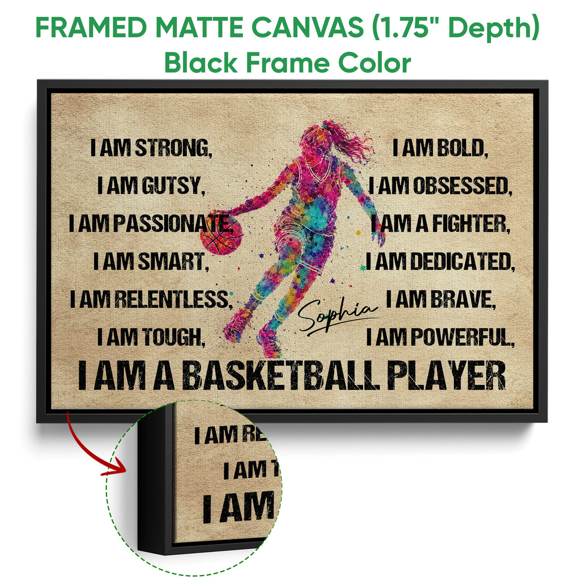 Black framed basketball canvas featuring a colorful female player and bold motivational wall art