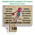White framed basketball canvas with colorful player artwork, basketball imagery, and motivational wording