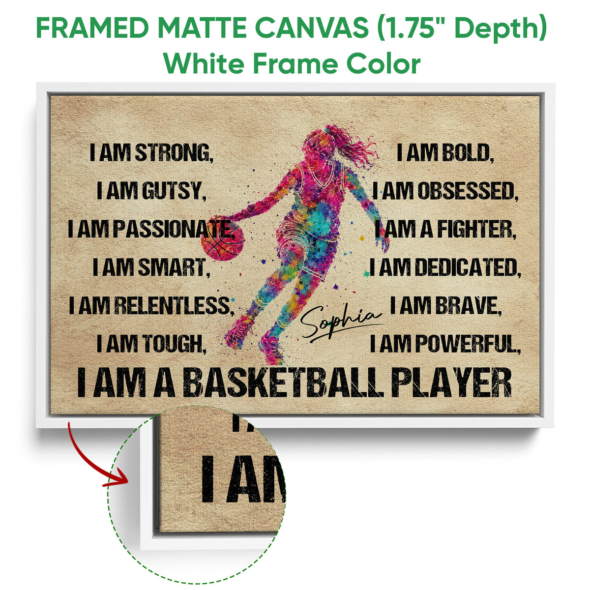 White framed basketball canvas with colorful player artwork, basketball imagery, and motivational wording