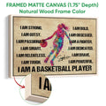 Natural wood framed basketball wall art with a colorful player illustration and inspirational sports theme