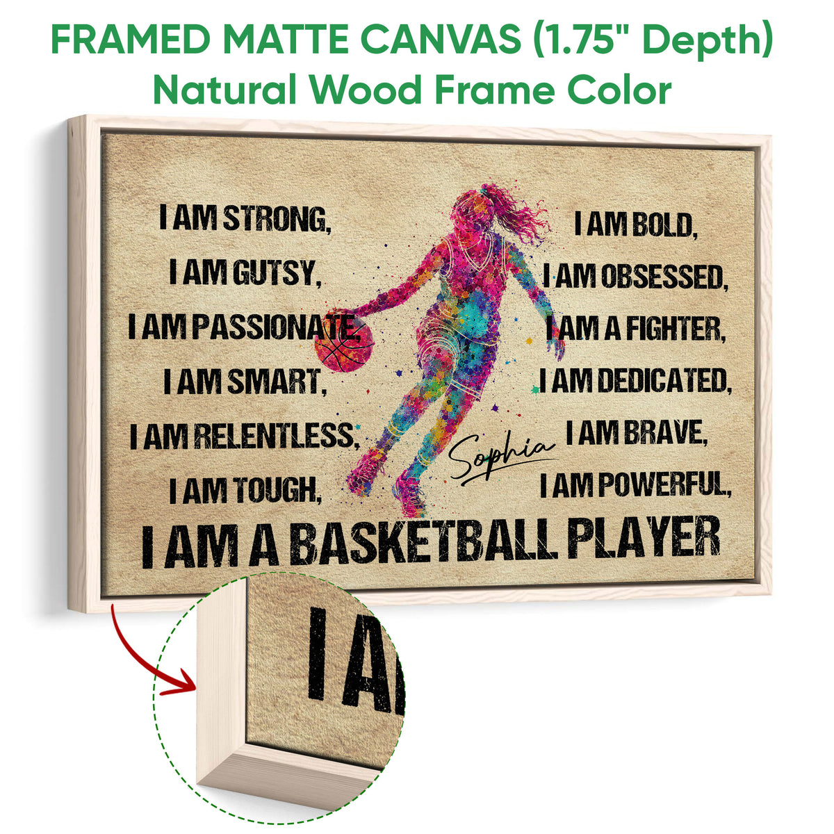 Natural wood framed basketball wall art with a colorful player illustration and inspirational sports theme