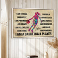 Basketball wall art displayed in a bright room, featuring a colorful player and motivational sports message