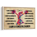 Framed cheerleading wall art with a colorful jumping cheerleader and bold motivational design