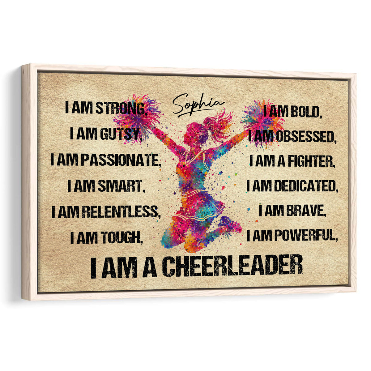 Framed cheerleading wall art with a colorful jumping cheerleader and bold motivational design