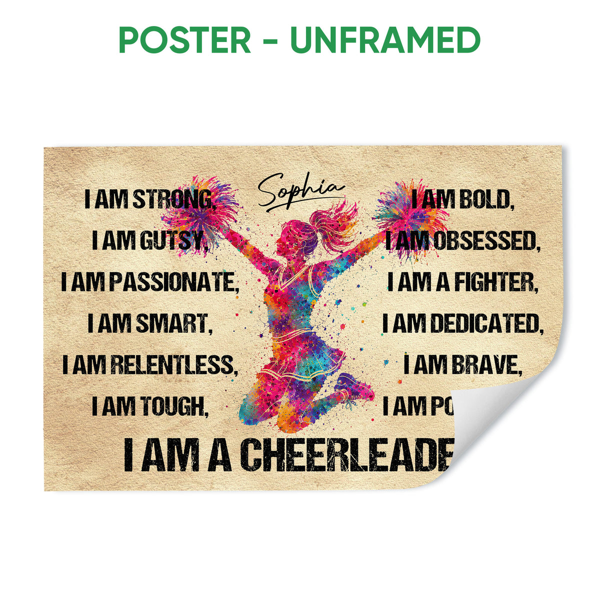 Unframed cheerleading poster featuring a colorful jumping cheerleader and motivational artwork