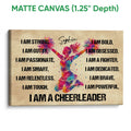 Matte canvas cheerleading wall art with a vibrant jumping cheerleader and bold typography