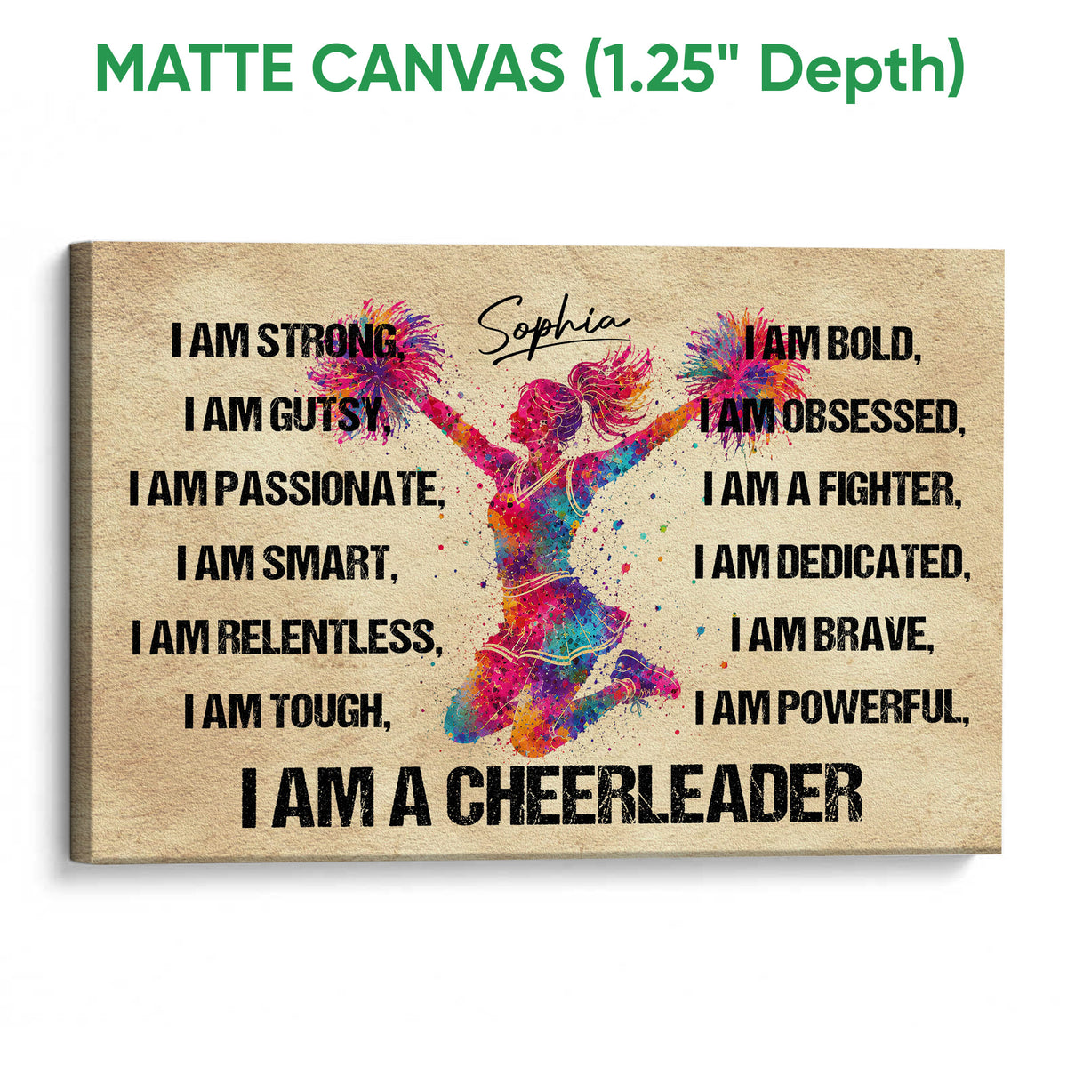 Matte canvas cheerleading wall art with a vibrant jumping cheerleader and bold typography