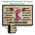 Black framed canvas cheerleading wall art with colorful action artwork and motivational lettering