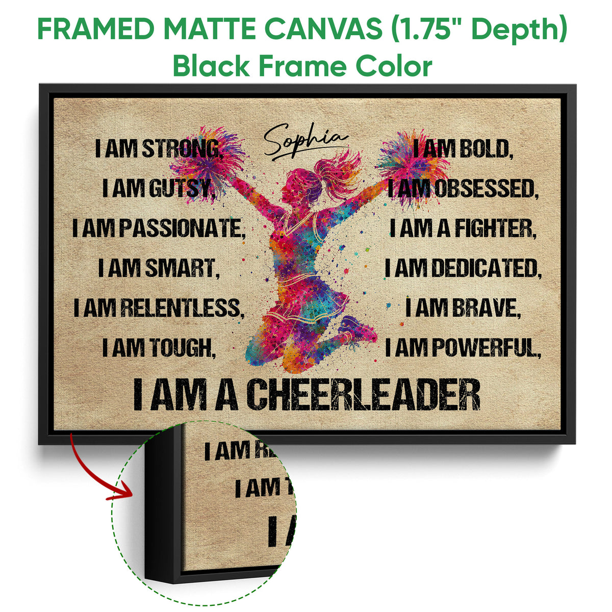 Black framed canvas cheerleading wall art with colorful action artwork and motivational lettering