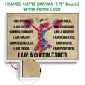 White framed canvas cheerleading wall art featuring a colorful jumping cheerleader