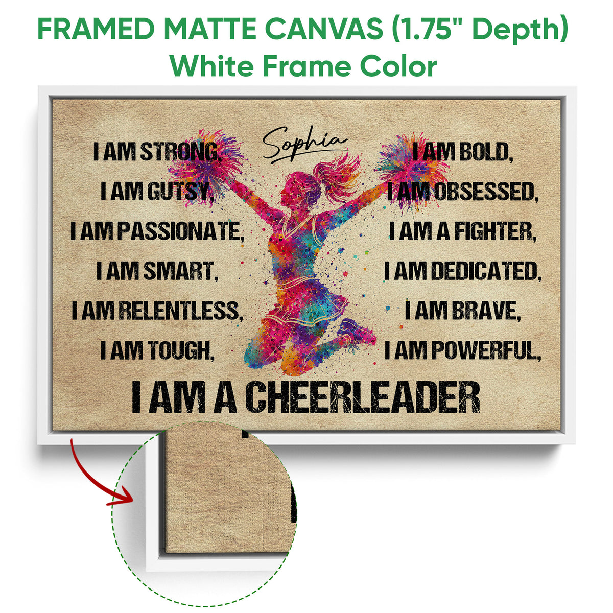 White framed canvas cheerleading wall art featuring a colorful jumping cheerleader