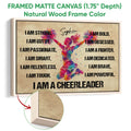 Natural wood framed cheerleading canvas wall art with vibrant action artwork