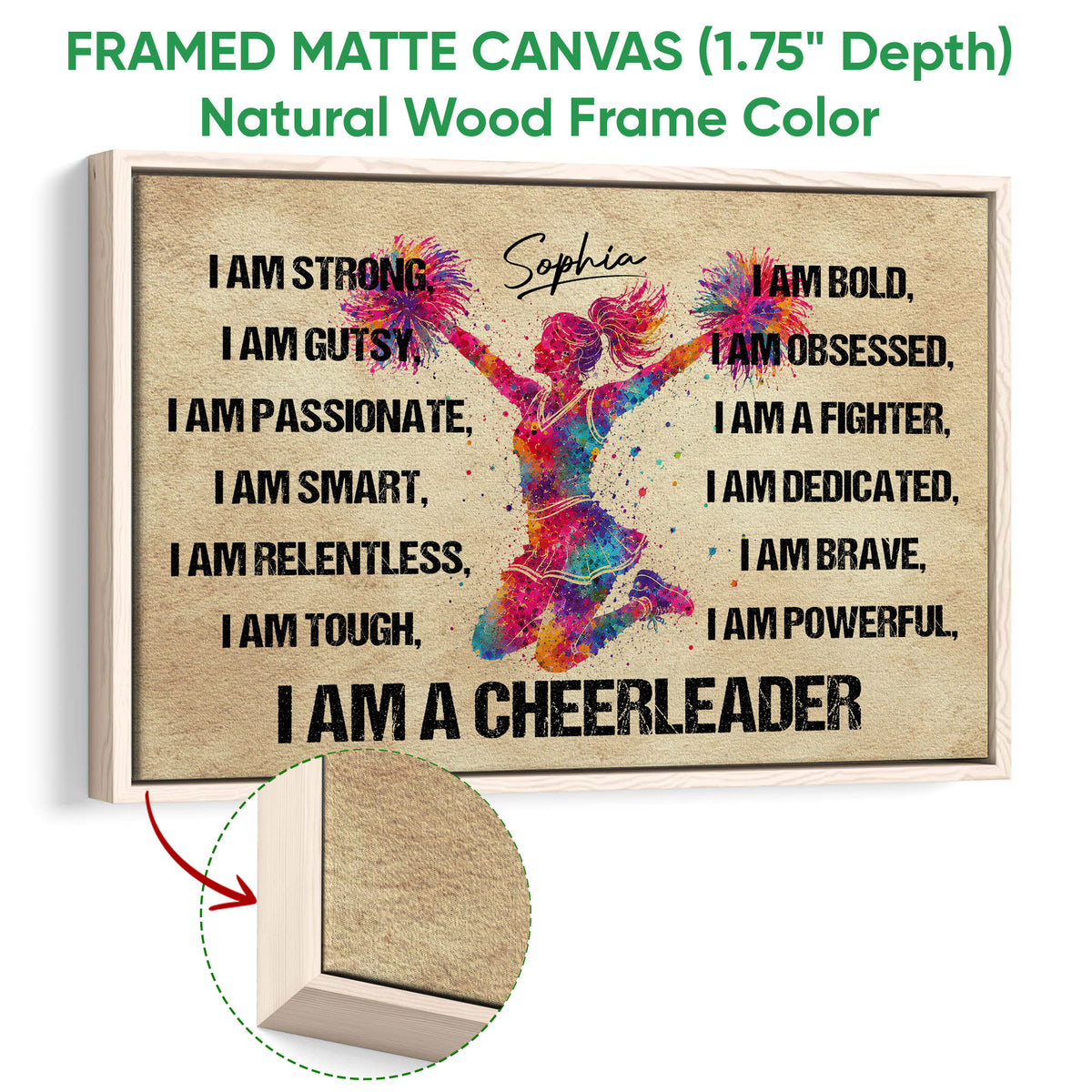 Natural wood framed cheerleading canvas wall art with vibrant action artwork