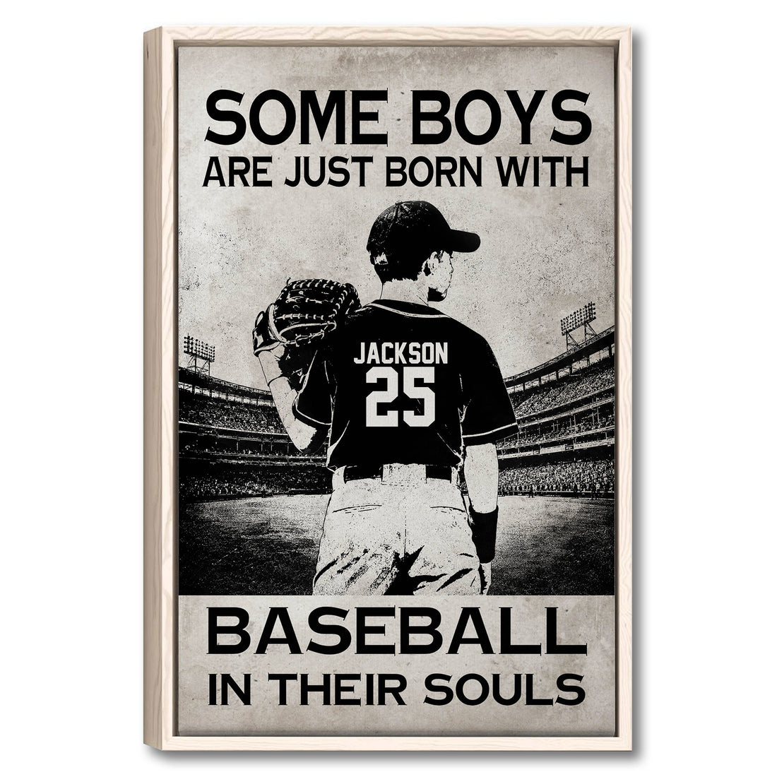 Framed baseball wall art featuring a player in a stadium with bold black and cream artwork
