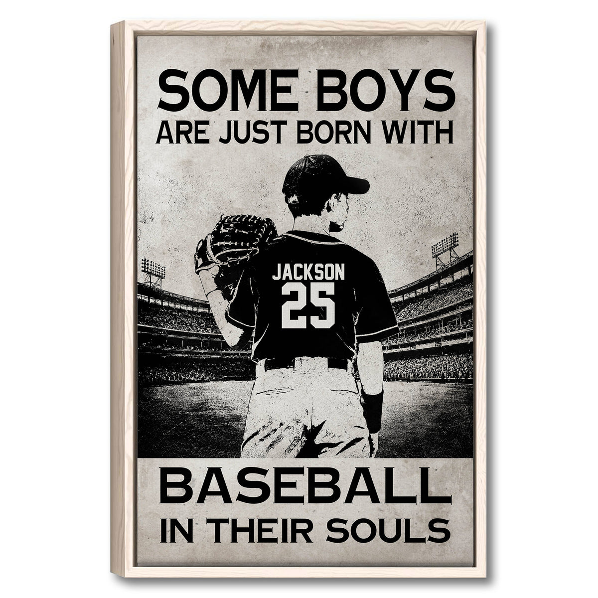 Framed baseball wall art featuring a player in a stadium with bold black and cream artwork