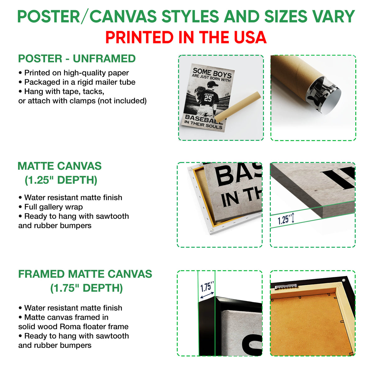 Poster, matte canvas, and framed canvas wall art format guide for the baseball design